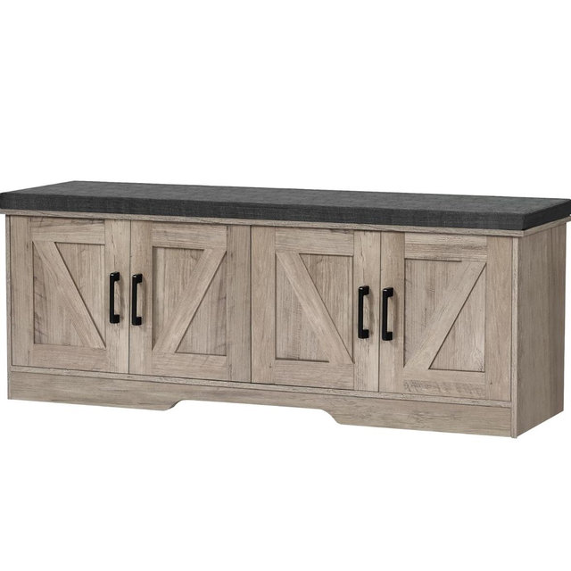 2-Tier Storage Bench, 47.2" Wide Shoe Bench with Padded Seat Cushion, Entryway Bench with 4 Barn Doors and Adjustable Shelf, Greige