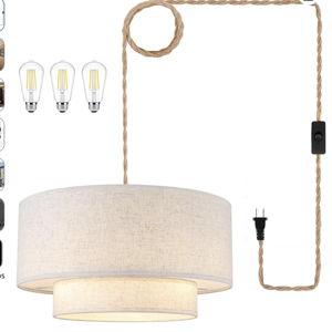 Plug in Pendant Light, 2-Tier Drum Linen Pendant Light with 15ft Hemp Rope Cord, E26 On/Off Switch, 18" Plug in Hanging Chandelier for Dining Room Kitchen, Includes Bulbs