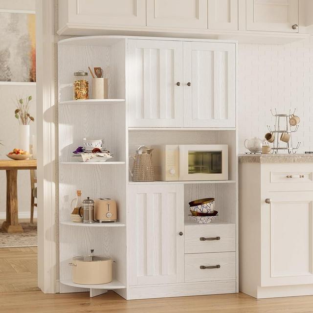 Gizoon 60.4" Farmhouse Kitchen Pantry Storage Cabinet with Doors and Adjustable Shelves, Large Kitchen Hutch with Drawers, Freestanding Cupboard for Dining Room, Living Room, White
