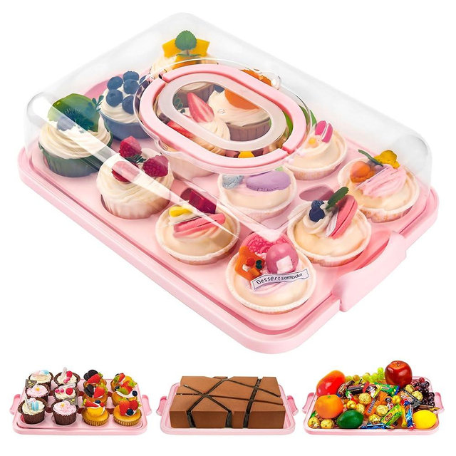 NPLUX Cupcake Containers with Lid Rectangular Cake Carrier 3-in-1 Multipurpose Cupcake Holder for Muffins Pies Sweets Pastries Fruit or Snacks(Pink, 13" x 9" x 4")
