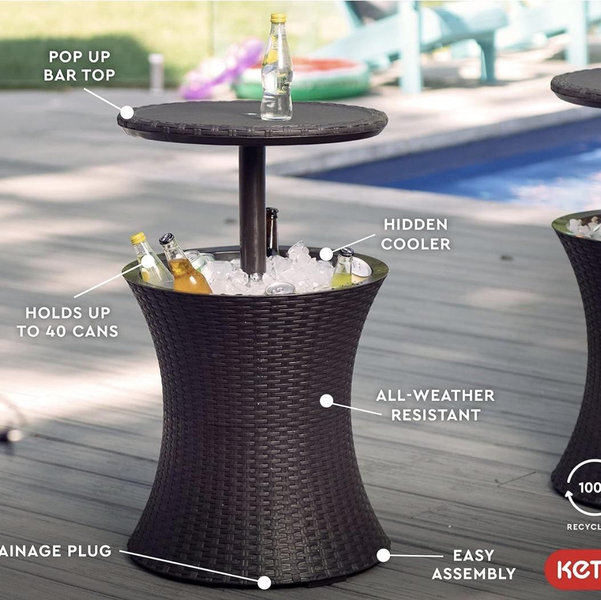Keter Pacific Cool Bar Outdoor Patio Furniture and Hot Tub Side Table with 7.5 Gallon Beer and Wine Cooler, Espresso Brown