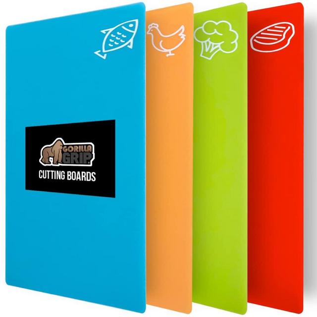 Gorilla Grip Cutting Boards for Kitchen, Set of 4 Durable Mats with Food Icons, Flexible Dishwasher Safe Plastic, Slip Resistant BPA Free Large Mat for Meat, Fish, Vegetables, Chopping Board, Multi