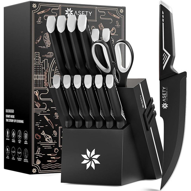 Knife Set - 15 PCS Kitchen Knife Set with Built-in Knife Sharpener Block - Stainless Steel Knife Block Set - Dishwasher Safe, Elegant Box for Men Women, White