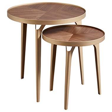 Rivet Mid-Century Nesting Metal Side Table, Set of 2, Brass and Walnut