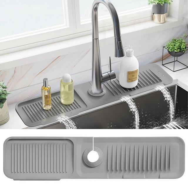 PoYang 24 inch Silicone Draining Mat for Kitchen Sink Splash Guard Behind Faucet, Splash Guard for Kitchen Sink Area, Longer Faucet Draining Mat, Sink Protectors for Kitchen Sink Splatter Screen, Grey