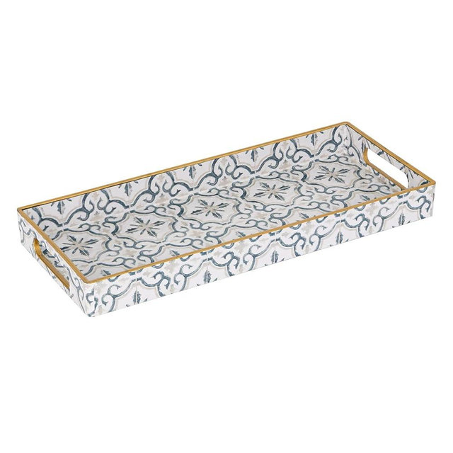 MAONAME White Decorative Tray, Plastic Serving Tray with Handles, Rectangular Moroccan Tray, Long Narrow Tray for Bathroom, Kitchen Sink, 13.8" X 6" X 1.57"