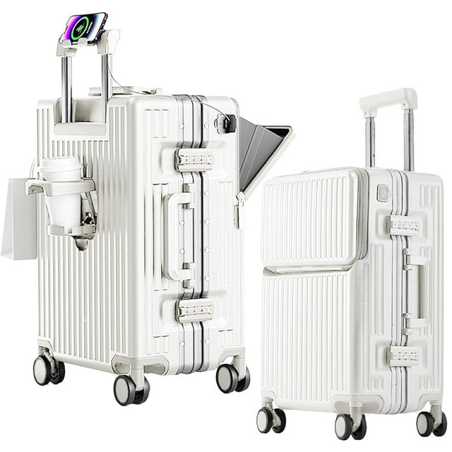 2-Piece Hardshell Zipperless Luggage Set, 20/26" Aluminum Frame Hardshell Spinner Luggage, Airline Approved Carry-On Luggage, TSA Lock, 360° Quiet Wheels With Cup Holder (White)