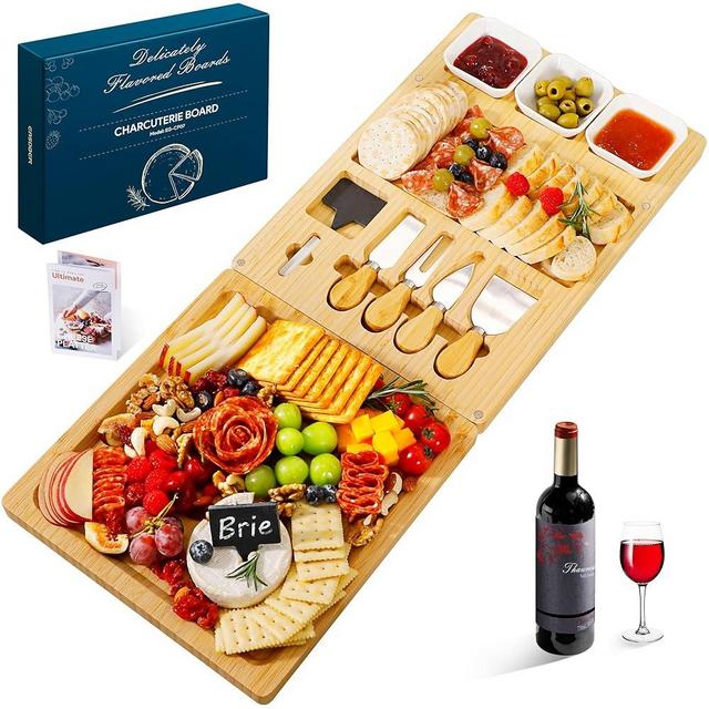 Easoger Bamboo Charcuterie Boards and Knife Set, 3 in 1 Magnetic Extra Large Cheese Board with 3 Bowls, Wedding Gifts, House Warming Gifts for Couples, Women