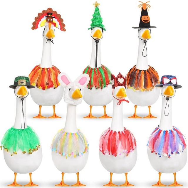 Silicherry 7 Set Holiday Porch Goose Outfits St. Patrick Easter 4th of July Halloween Thanksgiving Christmas Lawn Goose Clothing Hat and Tutu Collar Goose Outfit for 23" Goose Patio Yard Decor