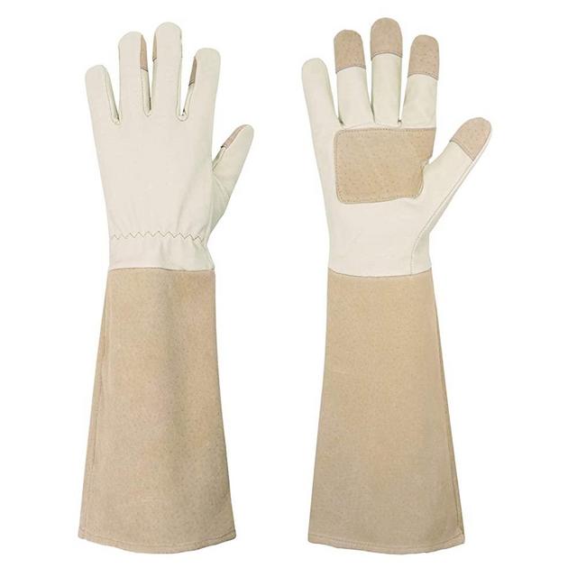 Pruning Gloves Long for Men & Women, Pigskin Leather Rose Gardening Gloves- Breathable & Durability Gauntlet Gloves (Small, Beige)