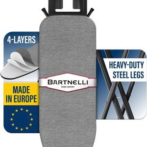 Bartnelli by Rorets Ironing Board Made in Europe | Iron Board with 4 Layered Cover & Pad, Height Adjustable up to 36" Features A Safety Iron Rest, 4 Steel Legs, for Laundry Room or Dorm Use (43x13)
