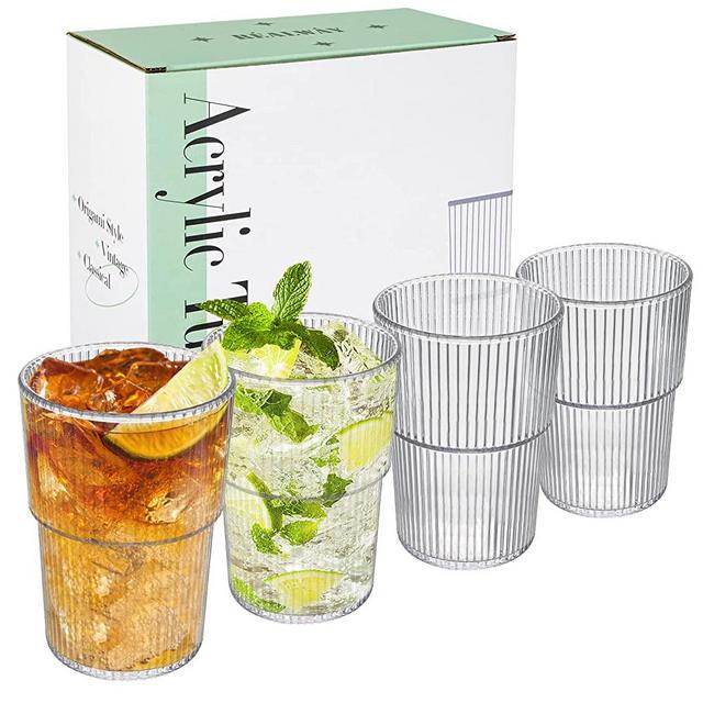 REALWAY Plastic Tumblers, Unbreakable Ribbed Glasses,17OZ Origami Style Drinking Cup, Reusable Plastic Glasses Drinking Dishwasher Safe, Clear Acrylic Cups -Stackable- Drinkware for Kitchen, Set of 4