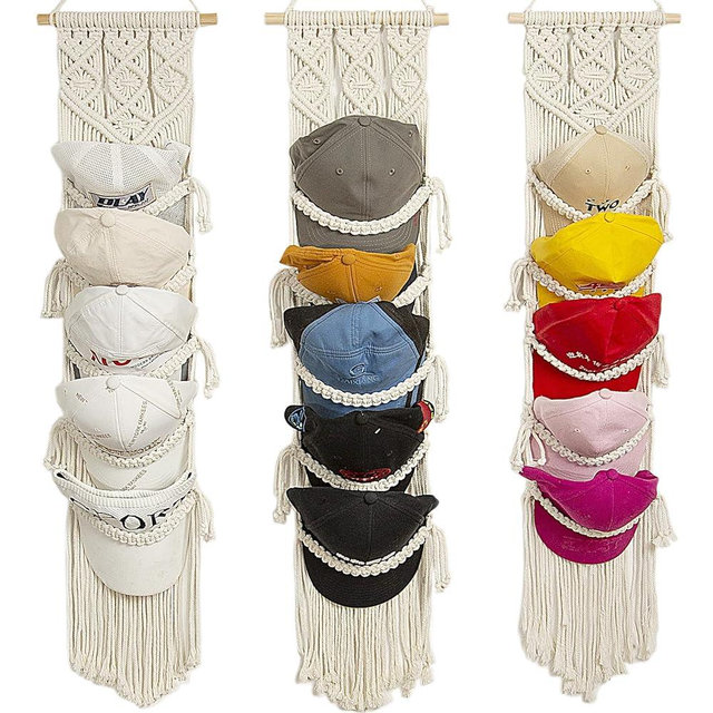 Cap Holder-3 Pack-Hat Organizer for 30 Baseball Caps, Macrame Hat Rack for Wall, Cap Rack for Decoration and Display, Boho Handmade Cap Hanger Over Door Organizer
