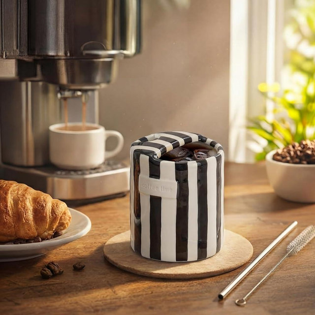 Ferrochef 1 Pack Ceramic Coffee Mug with Sip Hole Espresso Cup 10oz with Straws Retro Hand Painted Striped Porcelain Coffee Tea Cup Cappuccino Latte Mug for Kitchen Dining Travel (Black)