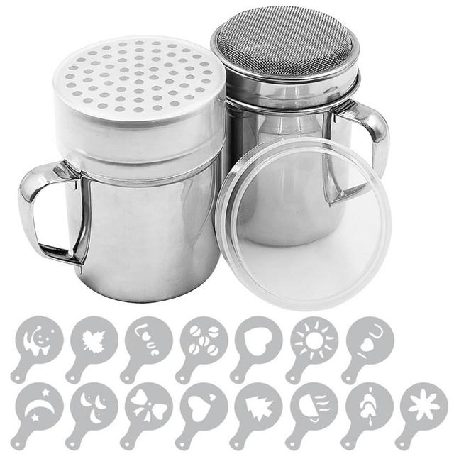 Powdered Sugar Shaker Duster with Handle, SENHAI 2pcs Stainless Steel Powder Shakers for Sugar Pepper Cinnamon Powder Flour with Printing Molds Stencils - Fine & Large Mesh