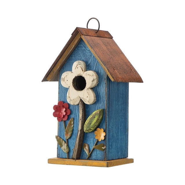 Glitzhome 10.2" H Hanging Bird House for Outdoor Patio Garden Decorative Birdhouse Pet Cottage Distressed Wooden Birdhouse, Flower Rustic Blue