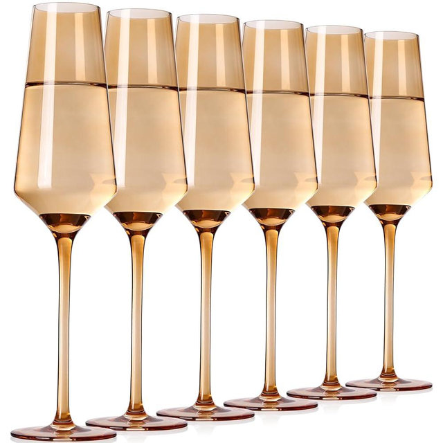 TrophyToast Amber Champagne Glasses Set of 6 - Hand Blown Exquisite Luxury Champagne Flutes Set for Party Wedding Valentines Day