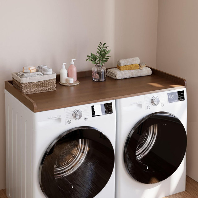 Washer Dryer Countertop, 54" x 27.5" Wood Shelf Topper with Edge, Laundry Cover Guard Organizer for Hamper & Storage-Brown