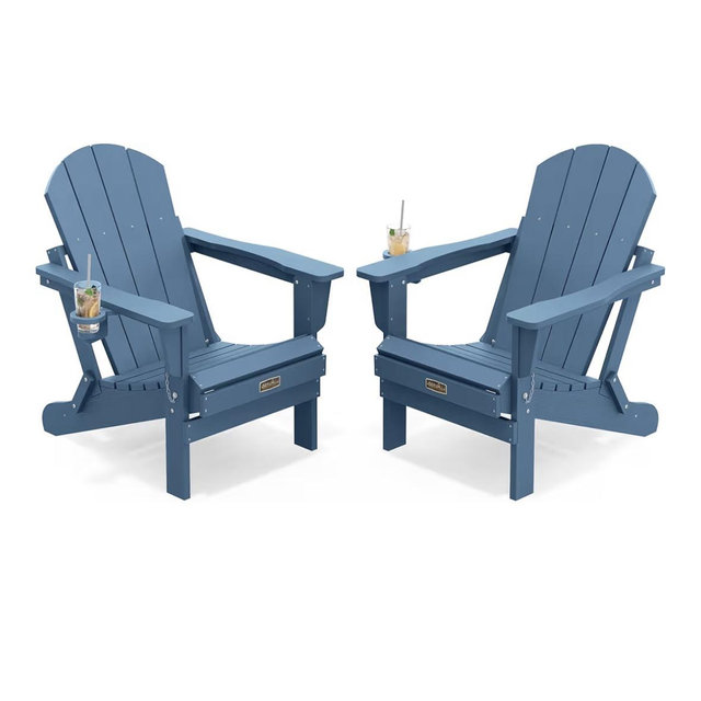 SERWALL Folding Adirondack Chair with Cup Holder Set of 2, All Weather Adirondack Chairs, Wooden Textured Fire Pit Chairs for Patio Garden Outdoors Fire Pit - Blue
