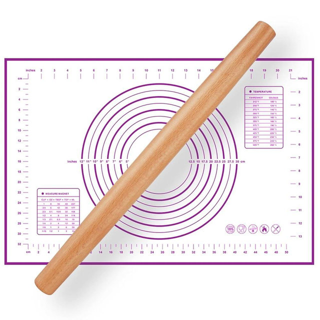 QUELLANCE 16 Inch Wood Rolling Pin for Baking, Wooden French Dough Roller with Purple Silicone Pastry Mat, Beech Wood Rolling Pins for Baking Dough, Pizza, Pie, Pastries, Pasta and Cookies