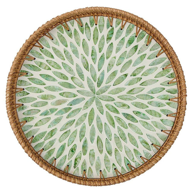 Round Rattan Tray for Home Decor 11.8 inch, Modern and Boho Decor Serving Tray with Mother of Pearl Inlay, Wicker Basket for Coffee Table, Hand Woven Decorative Tray Plates (Green)