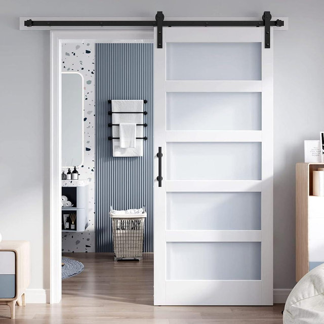 ROYMELO 36x84 Inch Glass Sliding Barn Door Slab and 6.6ft Hardware Kit Included, 5 Frosted Glass, LVL Wood Panel Covered with White Water-Proof Scratch-Proof PVC Surface, Simple DIY Assembly