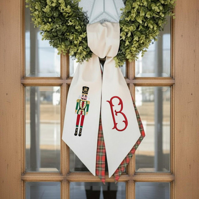 Nutcracker Christmas Wreath Sash, Embroidered Christmas Sash, Embroidered Holiday Door Decoration, Custom Monogram Wreath Sash
