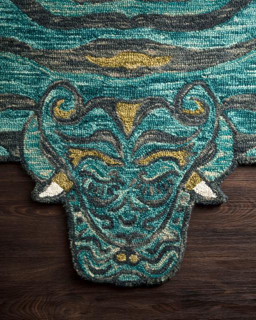 Feroz Faux Tiger Area Rug Loloi X Justina Blakeney, Teal, 4'0"x6'0"