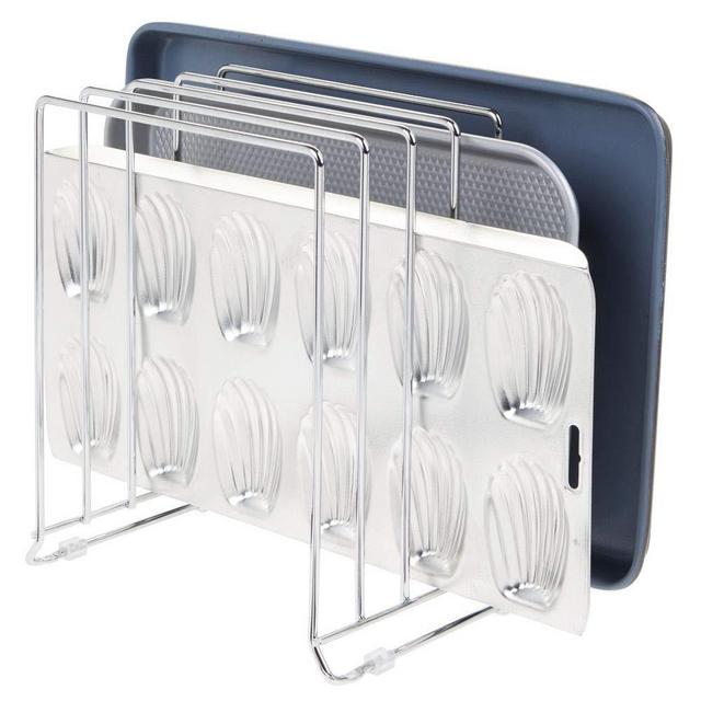 mDesign Large Metal Wire Organizer Rack for Kitchen Cabinet, Pantry, Shelves - Organizer Holder with 5 Slots for Skillets, Frying Pans, Lids, Cutting Boards, Vertical or Horizontal Placement - Chrome