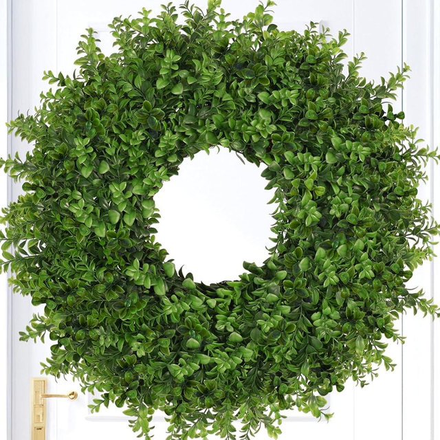 JDKPK 26 Inch Large Boxwoods Wreaths for Front Door Artificial Green Leaves Greenery Indoor Outdoor Wreath Home Decor Porch Window Wall Farmhouse Door Decorations Spring Summer Fall All Seasons