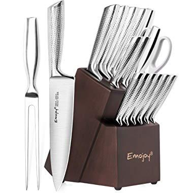 Knife Set, Emojoy 16-PCS Kitchen Knife Set with Carving Fork, Ripple Stainless Steel Hollow Handle for Chef Knife Set with Wooden Block, Perfect Cutlery Set Gift
