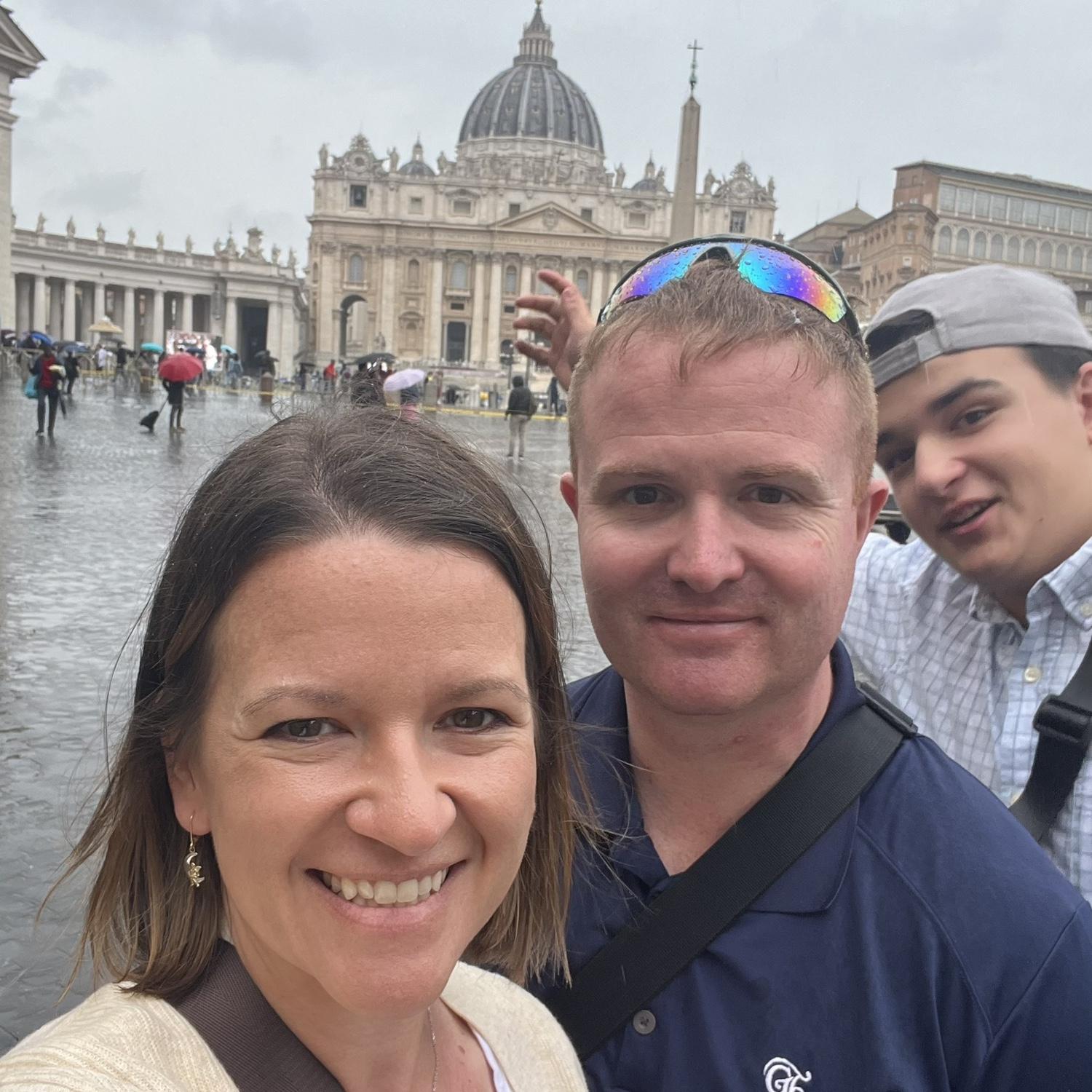 Our favorite photo bomber in front of St. Peter's Bascilica.