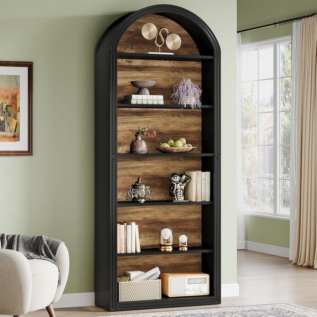 Tribesigns 6-Tier Black Arched Bookshelf, 75.98" Tall Arched Bookcase with Storage Shelves, Floor Standing Open Display Shelving Unit for Living Room, Bedroom, Home Office (Black, 6-Tier)