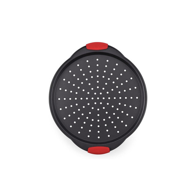 NutriChef Non-Stick Pizza Tray - with Silicone Handle, Round Steel Non-stick Pan with Perforated Holes, Premium Bakeware, Pizza Tray