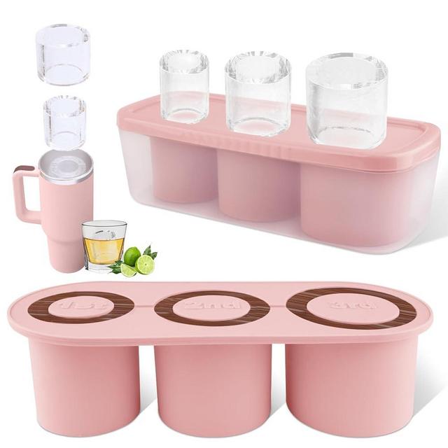 Tcamp Tumbler Ice Mold, Ice Cube Tray for Stanley Cup 30 oz -40 oz Tumbler, 3 Pcs Silicone Hollow Cylinder Ice Mold with Lid and Bin for Freezer, Ice Drink, Juice, Whiskey, Cocktail (Pink)