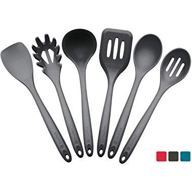 StarPack Premium XL Silicone Kitchen Utensil Set (6 Piece), High Heat Resistant to 600°F, Hygienic One Piece Design, Large Non Stick Spatulas & Serving Utensils - Gray Black