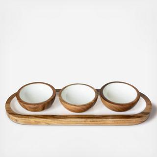 Wood & White 4-Piece Dipping Bowl & Tray Set