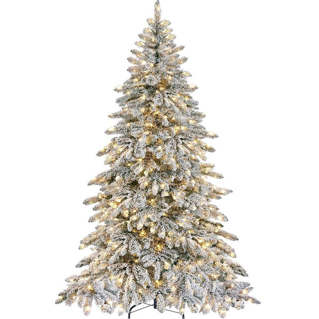 Yaheetech 6ft Pre-Lit Artificial Christmas Tree with 400 Warm White LED Lights & 940 PVC Tips,Hinged Snow Flocked Xmas Tree with Foldable Stand & Protective Foot Caps,Green & White