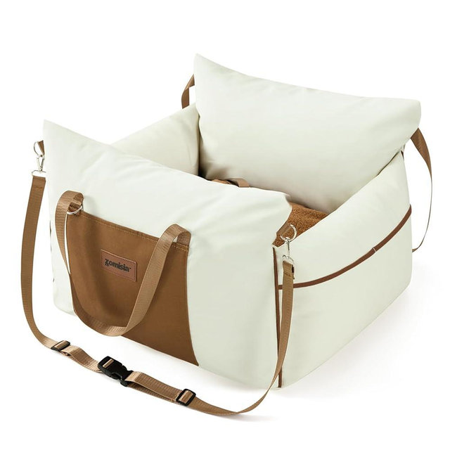 ZOMISIA Dog Car Seat for Small Dogs - Waterproof Pet Booster Seat for Car with Clip-On Safety Leash, Soft Travel Carrier for Puppy up to 25 lbs, Memory Foam Filling and 2 Adjustable Buckles, Beige