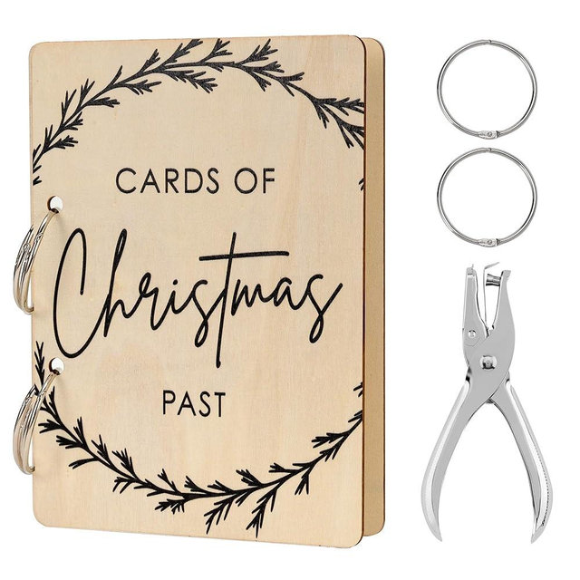 GloxwRiyt Christmas Greeting Card Holder, Wooden Keepsake Album, Holiday Card Organizer, Festive Photo Keeper & Memory Collection for Christmas, Birthday Cards (Elegant Wreath)