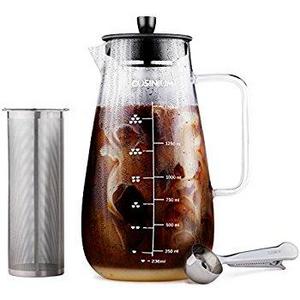 Large Cold Brew Coffee Maker - 1.5 Quart Iced Brewed Tea Maker - Glass Coffee Carafe With Removable Stainless Steel Filter - Fruit infuser pitcher - Includes Scoop & Clip Spoon