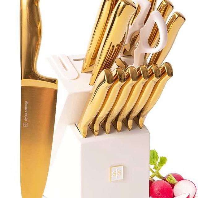 White and Gold Knife Set with Sharpener -14PC Self Sharpening Knife Block Set Includes Luxurious Full Tang Gold Knives and White Knife Block - White and Gold Kitchen Accessories, Gold Kitchen Decor