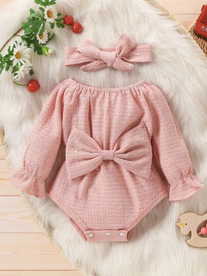 Baby Flounce Sleeve Bow Front Bodysuit & Headband
