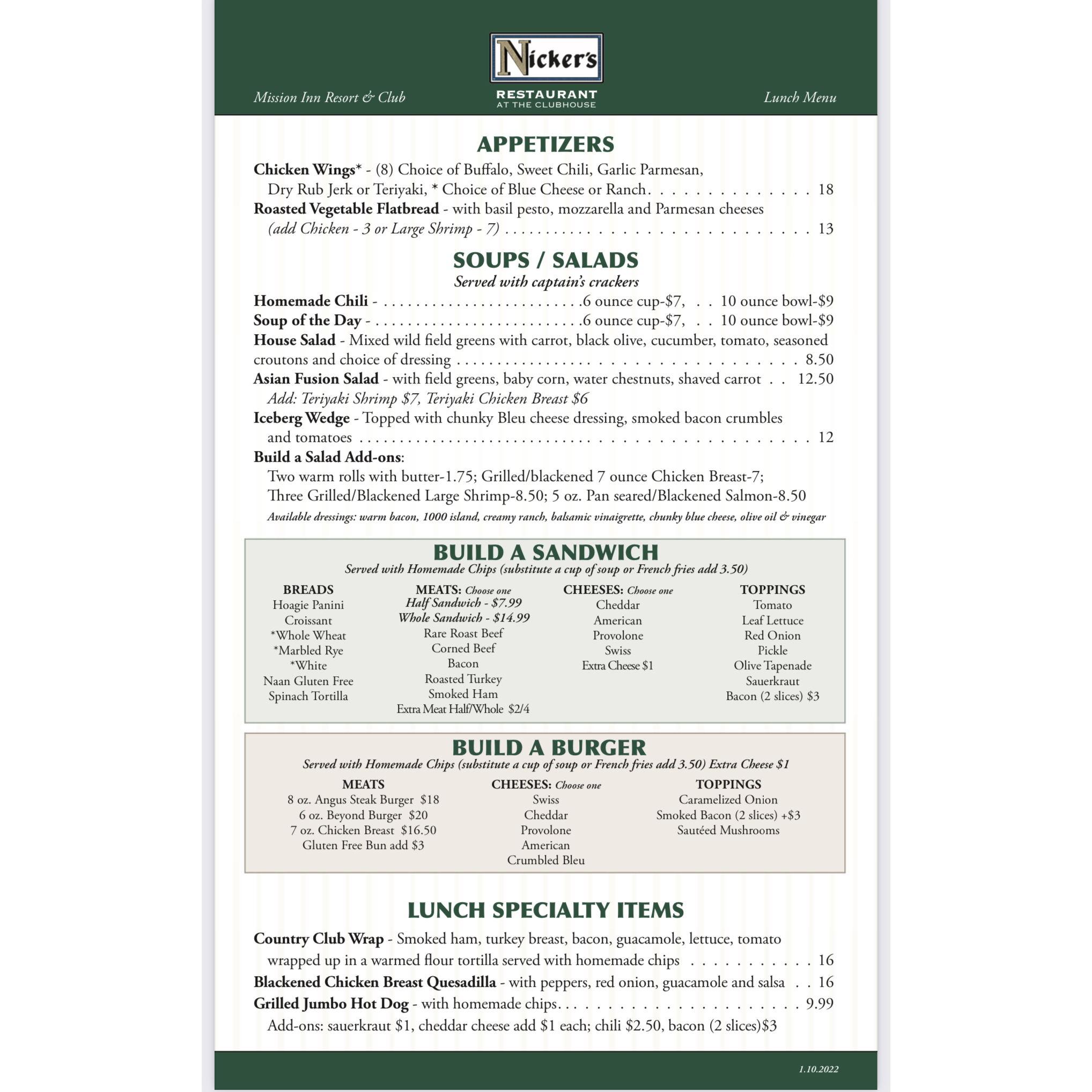 Nickers Lunch Menu
