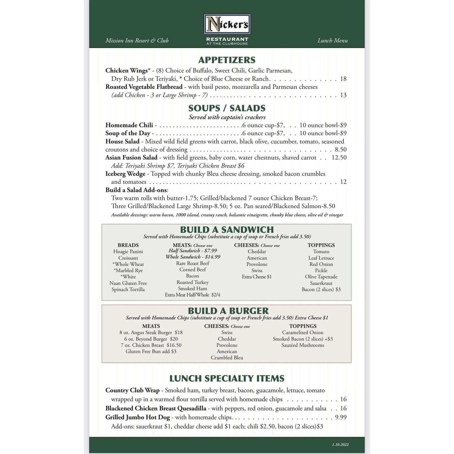Nickers Lunch Menu