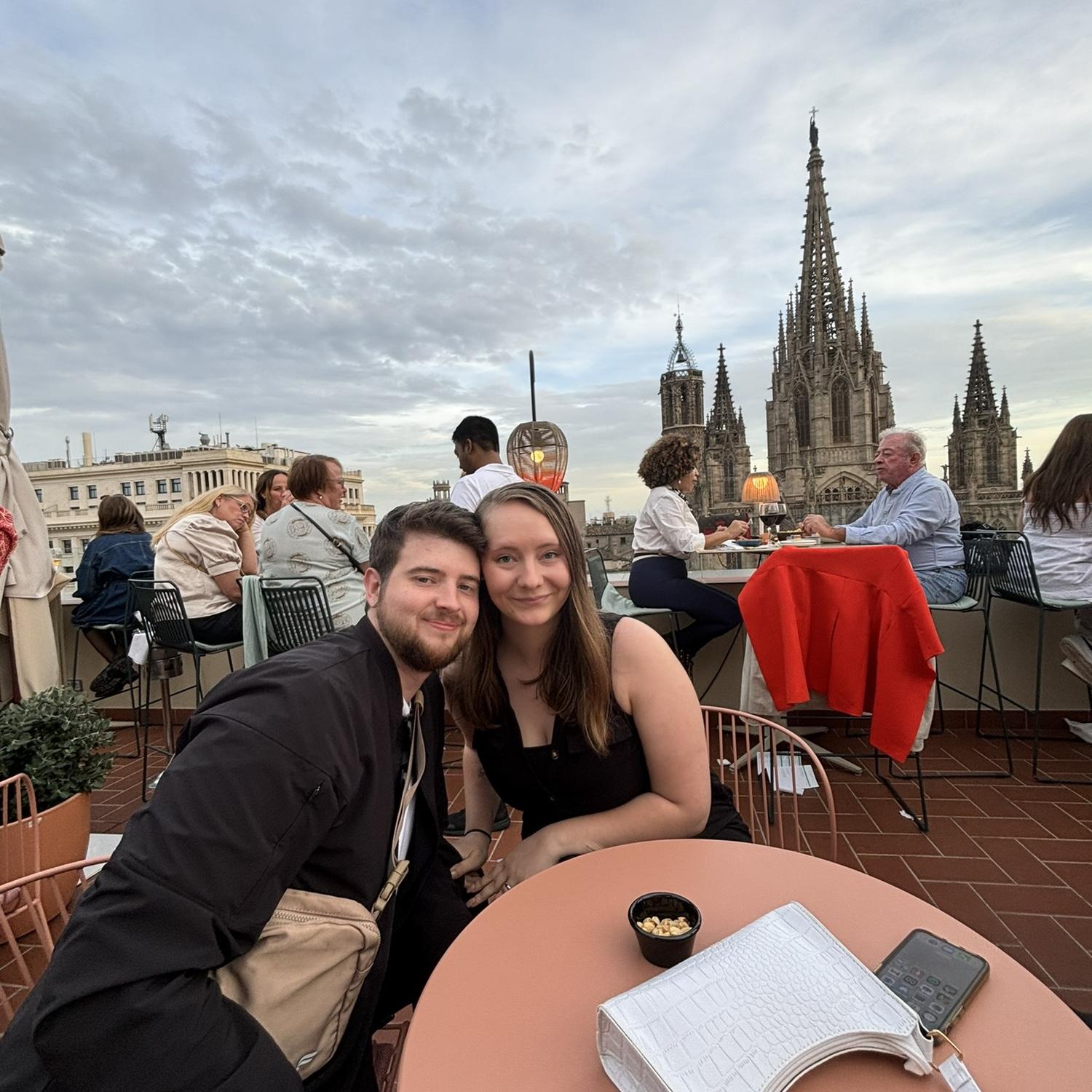 Our first night in Europe, we were having drinks on a rooftop in Barcelona, Spain!