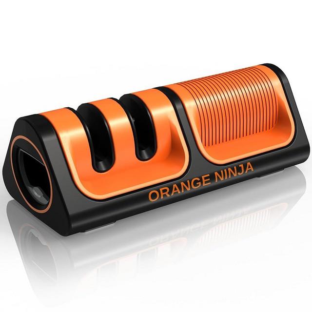 Orange Ninja Mini Knife Sharpener - Coarse & Fine Knife Sharpener, Knife Sharpening System- Knife Sharpeners for Kitchen Knives, Pocket Kitchen Knife Sharpener with Bottle Opener & Fridge Attachment