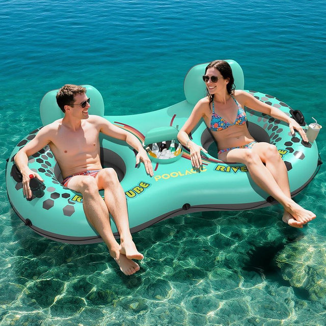 2-Person Inflatable River Tube, Heavy Duty Tube Float for River Pool Lake Beach w/Built-in Cooler & Cup Holders, Ergonomic Backrest, Durable Handles & Grab Rope, 660lb Weight Capacity