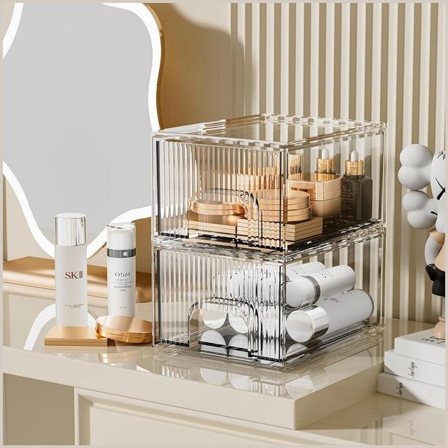 ZHIAI 2 Piece Set Stackable Makeup Organizer Drawers, Plastic Bathroom Organizer, Cosmetic Storage Box for Vanity, Undersink, Skincare, Kitchen Cabinets, Pantry Organization