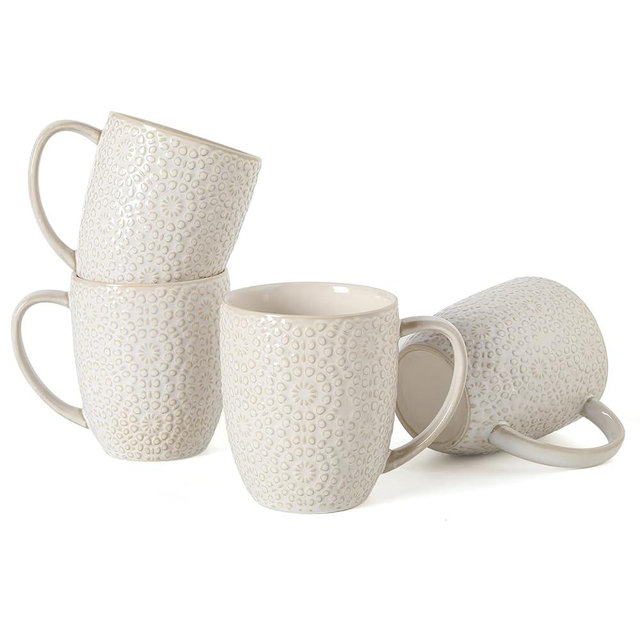 Feenmai Coffee Mug Set of 4-16 oz Large Ceramic Mugs, Porcelain Embossed Coffee Cups for Cocoa, Tea, Milk, Mocha, Cappuccino - Housewarming Wedding Decoration, Dishwasher Safe, 3.5 x 4.5 inch